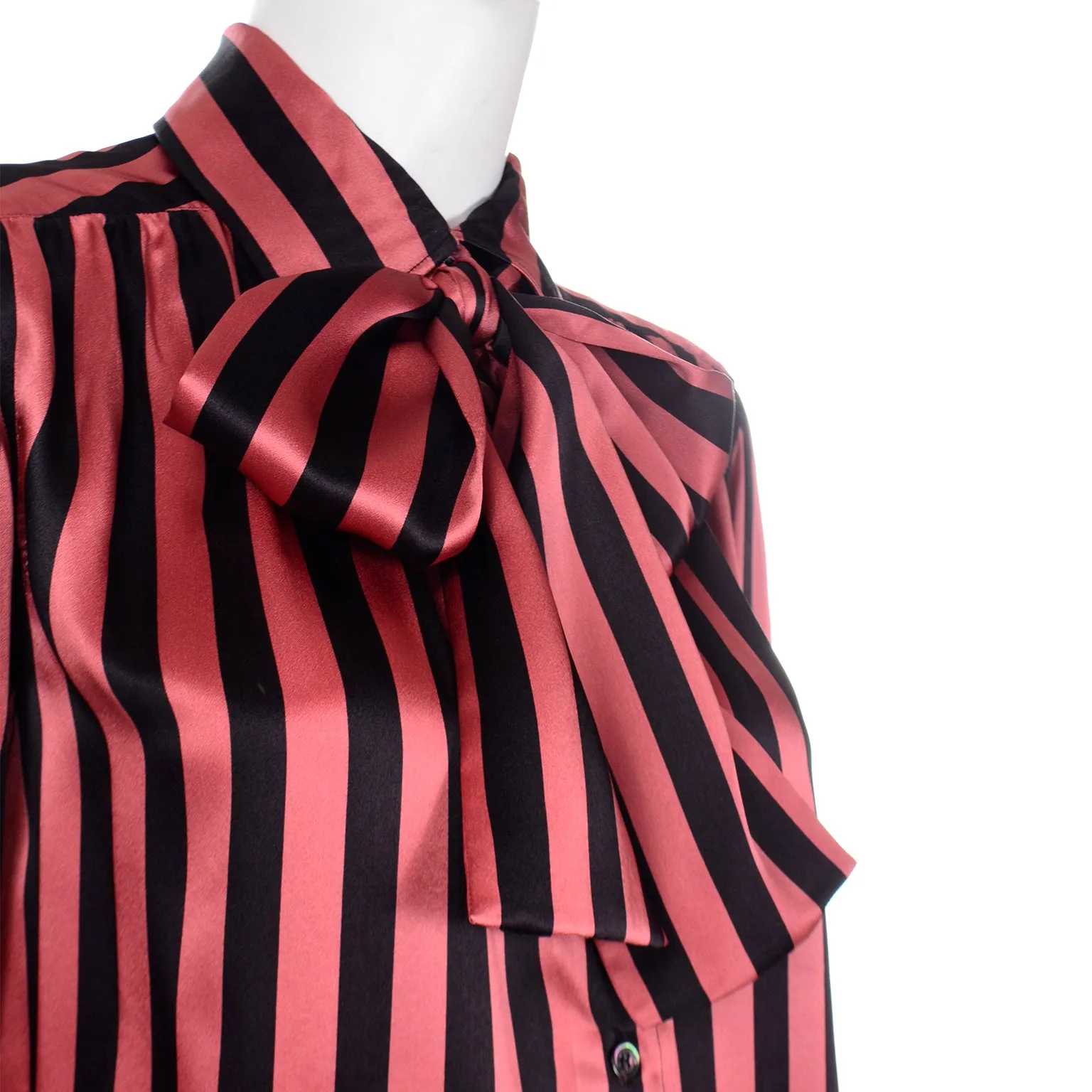 1980's Yves Saint Laurent Orange & Black Striped Silk Bow Blouse