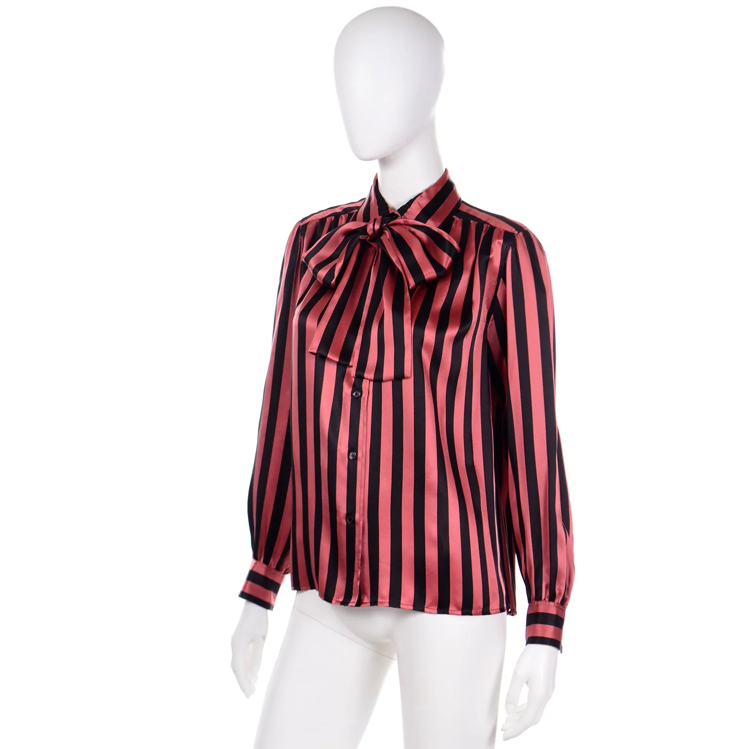1980's Yves Saint Laurent Orange & Black Striped Silk Bow Blouse
