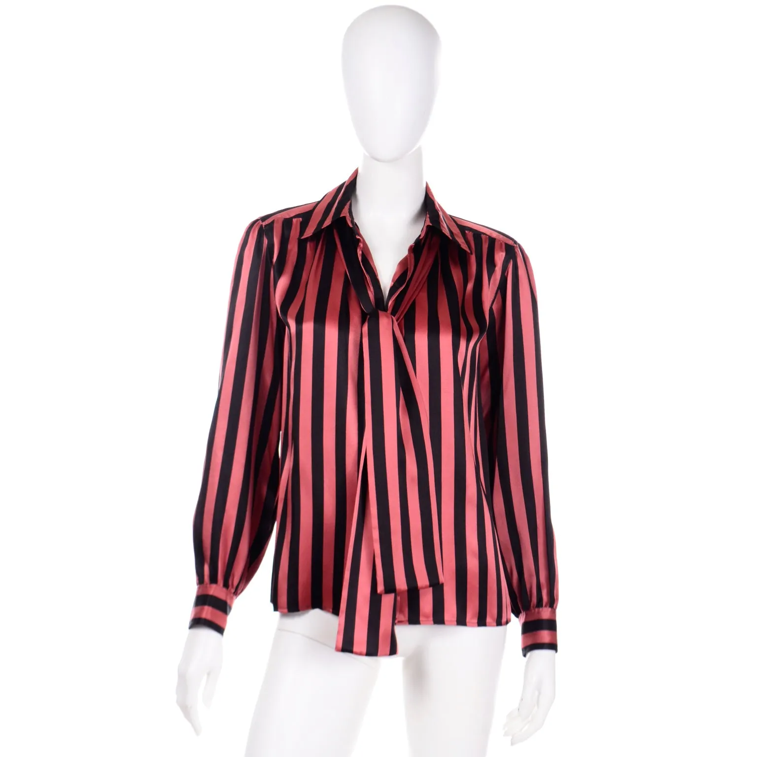 1980's Yves Saint Laurent Orange & Black Striped Silk Bow Blouse