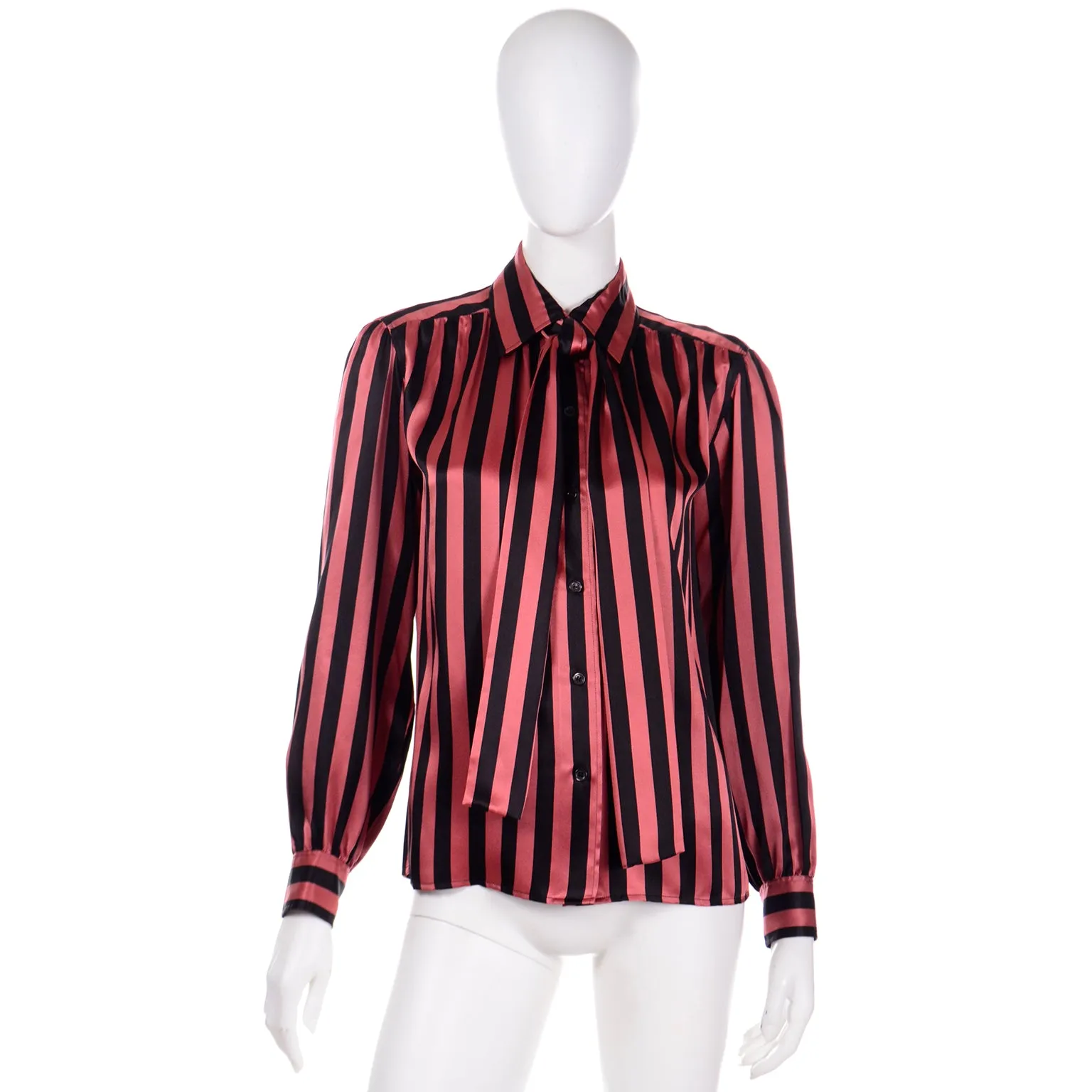 1980's Yves Saint Laurent Orange & Black Striped Silk Bow Blouse