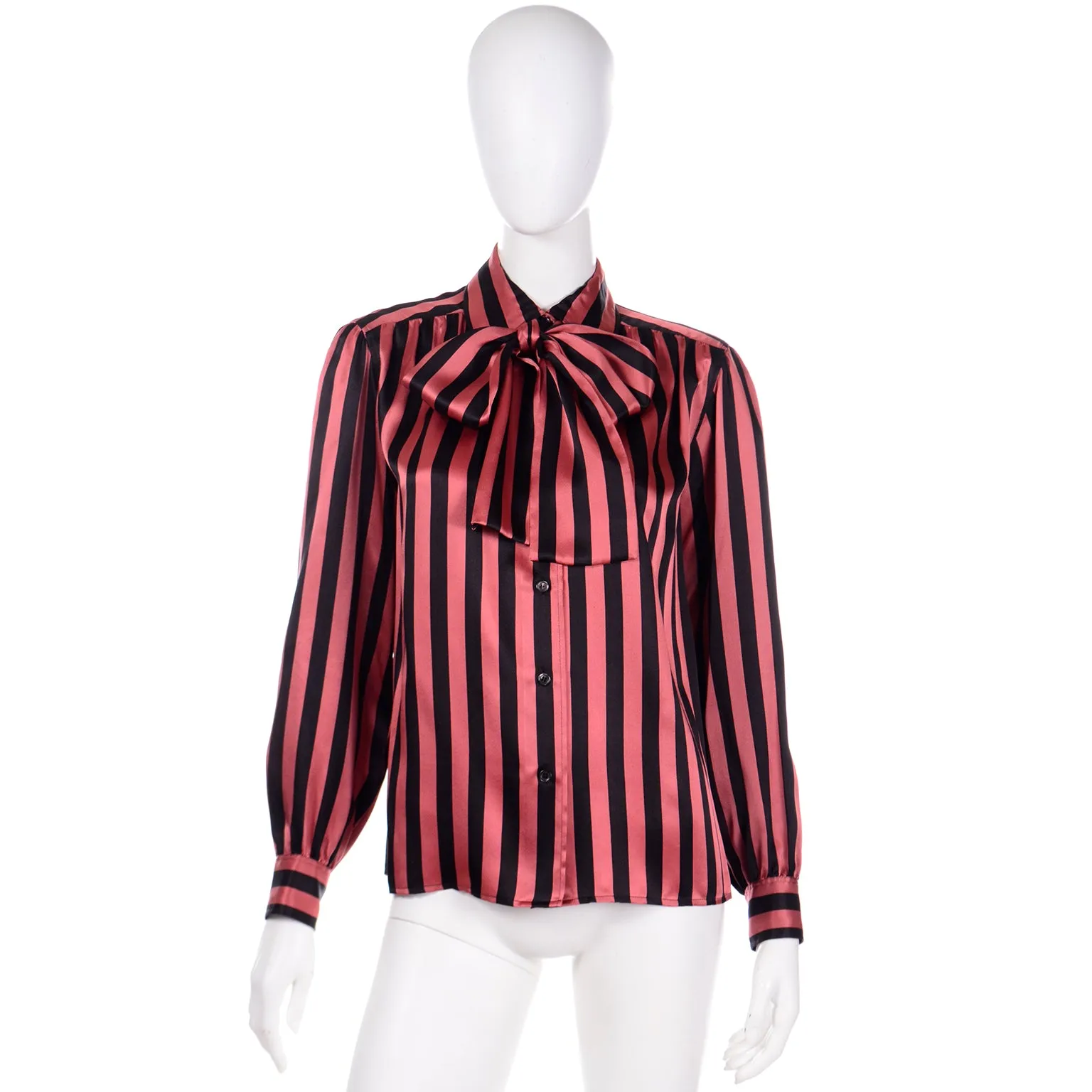 1980's Yves Saint Laurent Orange & Black Striped Silk Bow Blouse