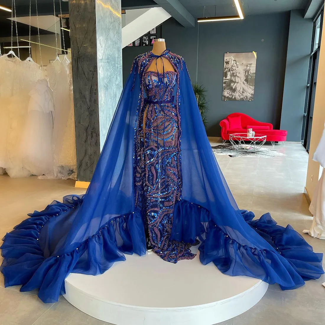 2 Piece Elegant Blue Sequins Prom Dress