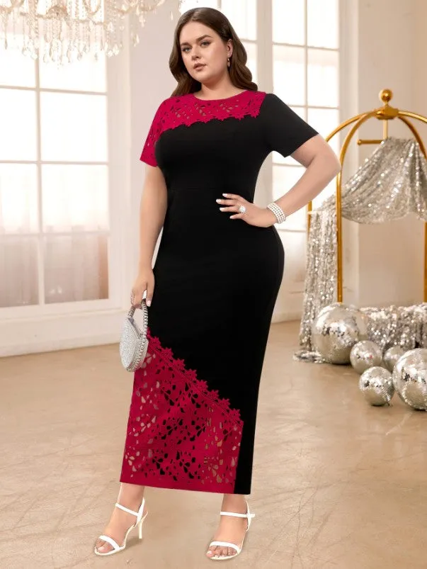 AOMEIDRESS Red O Neck Short Sleeve High Waist Lace Patchwork Dress