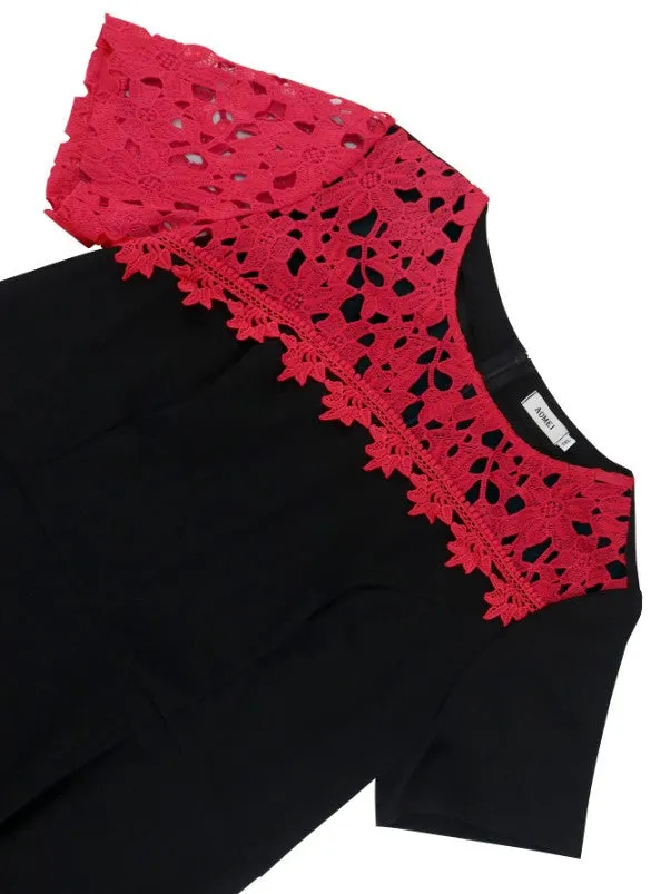 AOMEIDRESS Red O Neck Short Sleeve High Waist Lace Patchwork Dress