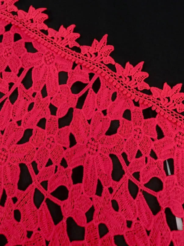 AOMEIDRESS Red O Neck Short Sleeve High Waist Lace Patchwork Dress