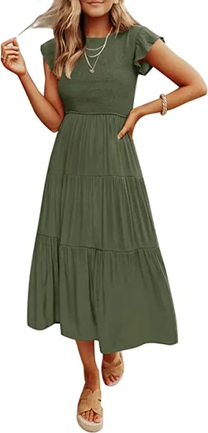 Army Green Women's Summer Casual Flutter Short Sleeve Crew Neck Smocked Elastic Waist Tiered Midi Dress - ZESICA