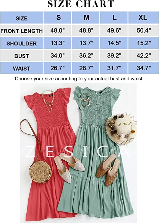 Army Green Women's Summer Casual Flutter Short Sleeve Crew Neck Smocked Elastic Waist Tiered Midi Dress - ZESICA