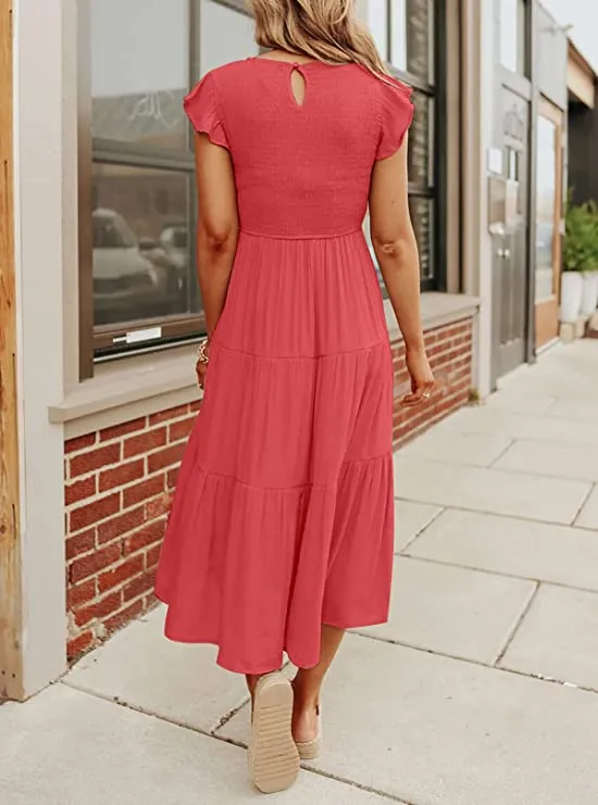 Army Green Women's Summer Casual Flutter Short Sleeve Crew Neck Smocked Elastic Waist Tiered Midi Dress - ZESICA
