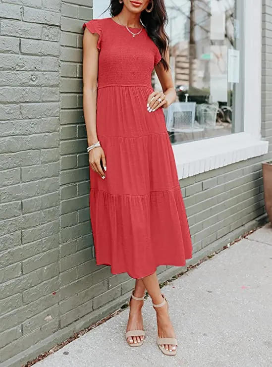 Army Green Women's Summer Casual Flutter Short Sleeve Crew Neck Smocked Elastic Waist Tiered Midi Dress - ZESICA