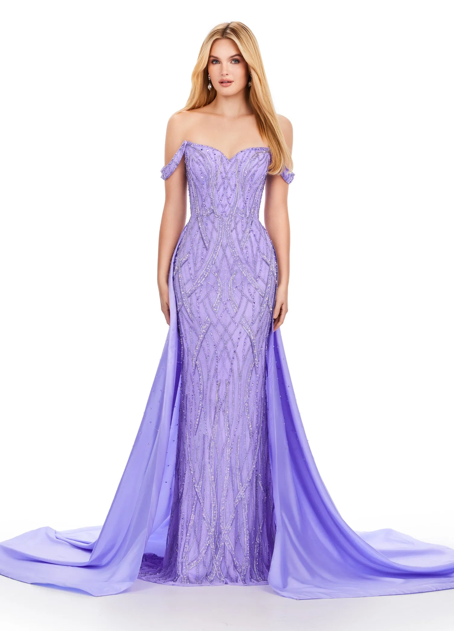 Ashley Lauren 11458 Long Prom Dress Fully Beaded Strapless Gown Off Shoulder Draping Taffeta Overskirt Formal Pageant
