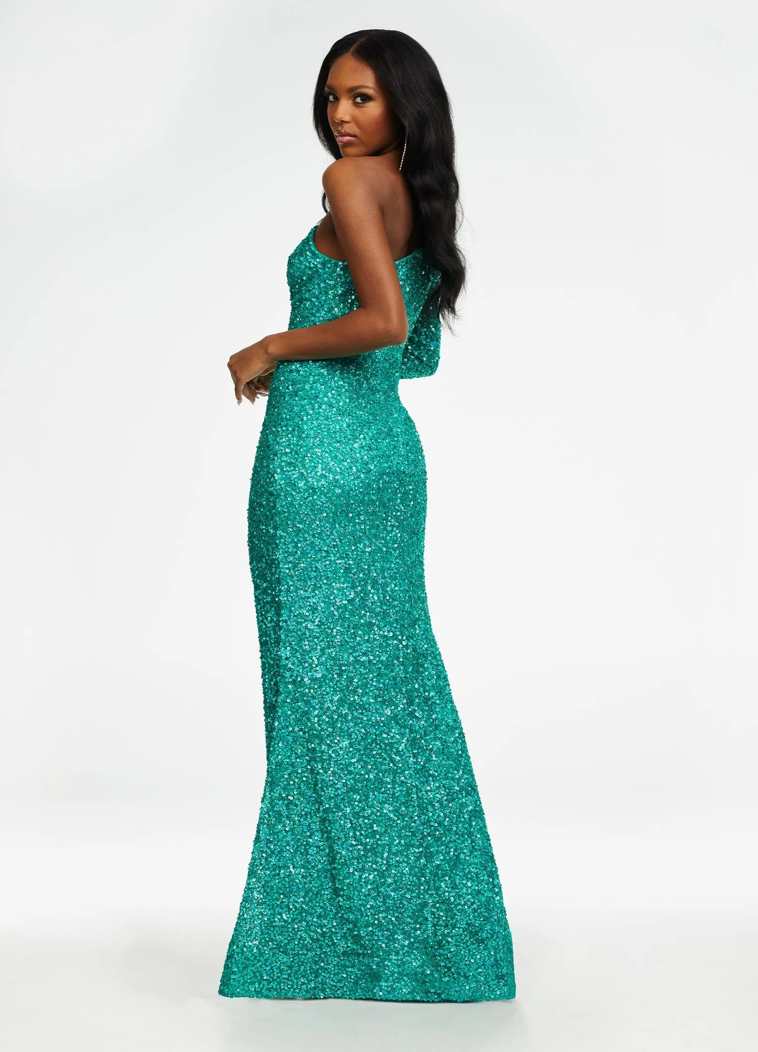 Ashley Lauren 1977 Prom Dress One Sleeve Fully Beaded Long Pageant Dress with High Side Slit