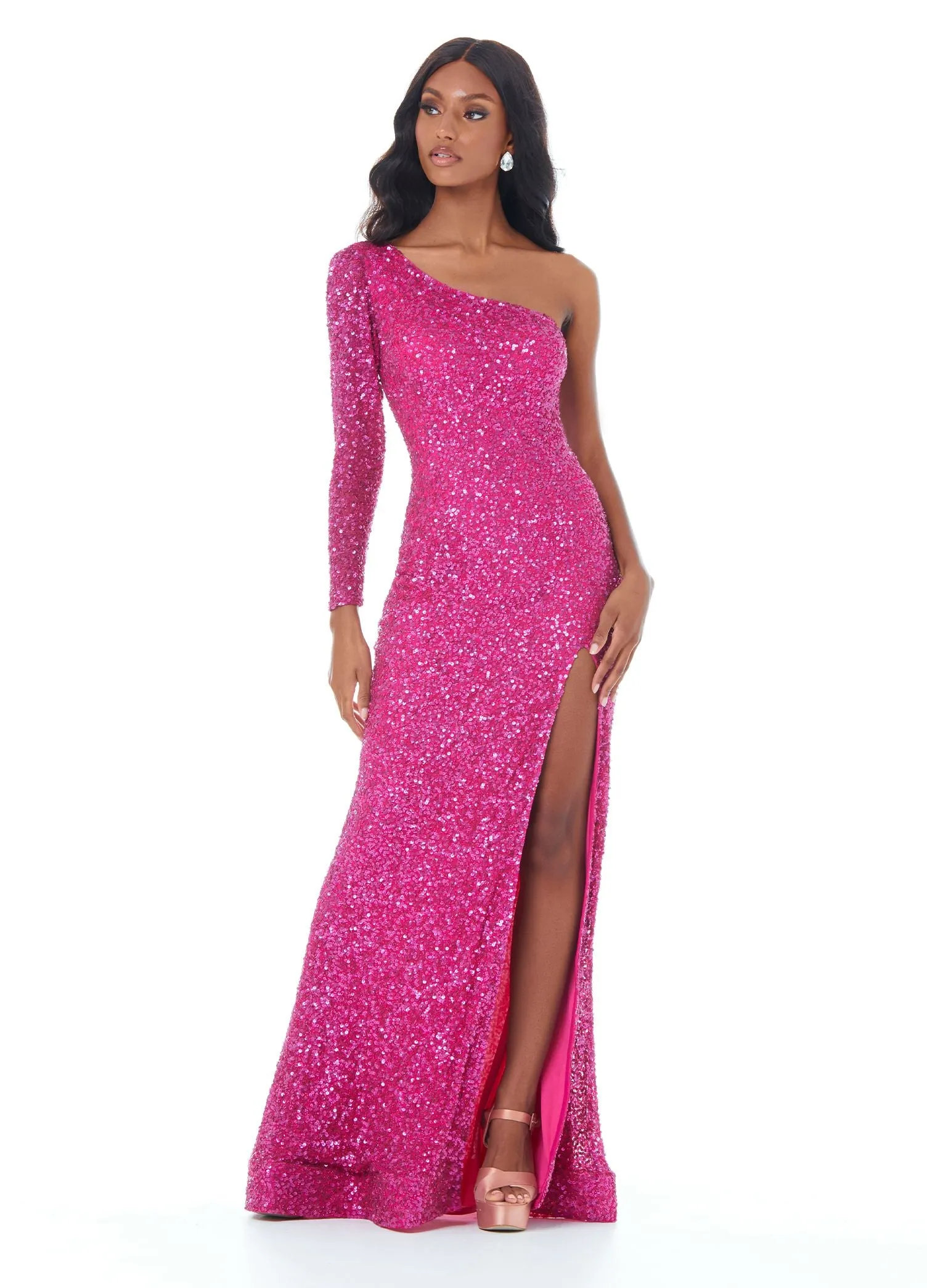 Ashley Lauren 1977 Prom Dress One Sleeve Fully Beaded Long Pageant Dress with High Side Slit