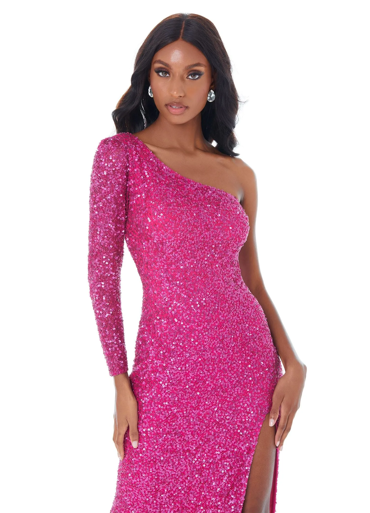 Ashley Lauren 1977 Prom Dress One Sleeve Fully Beaded Long Pageant Dress with High Side Slit