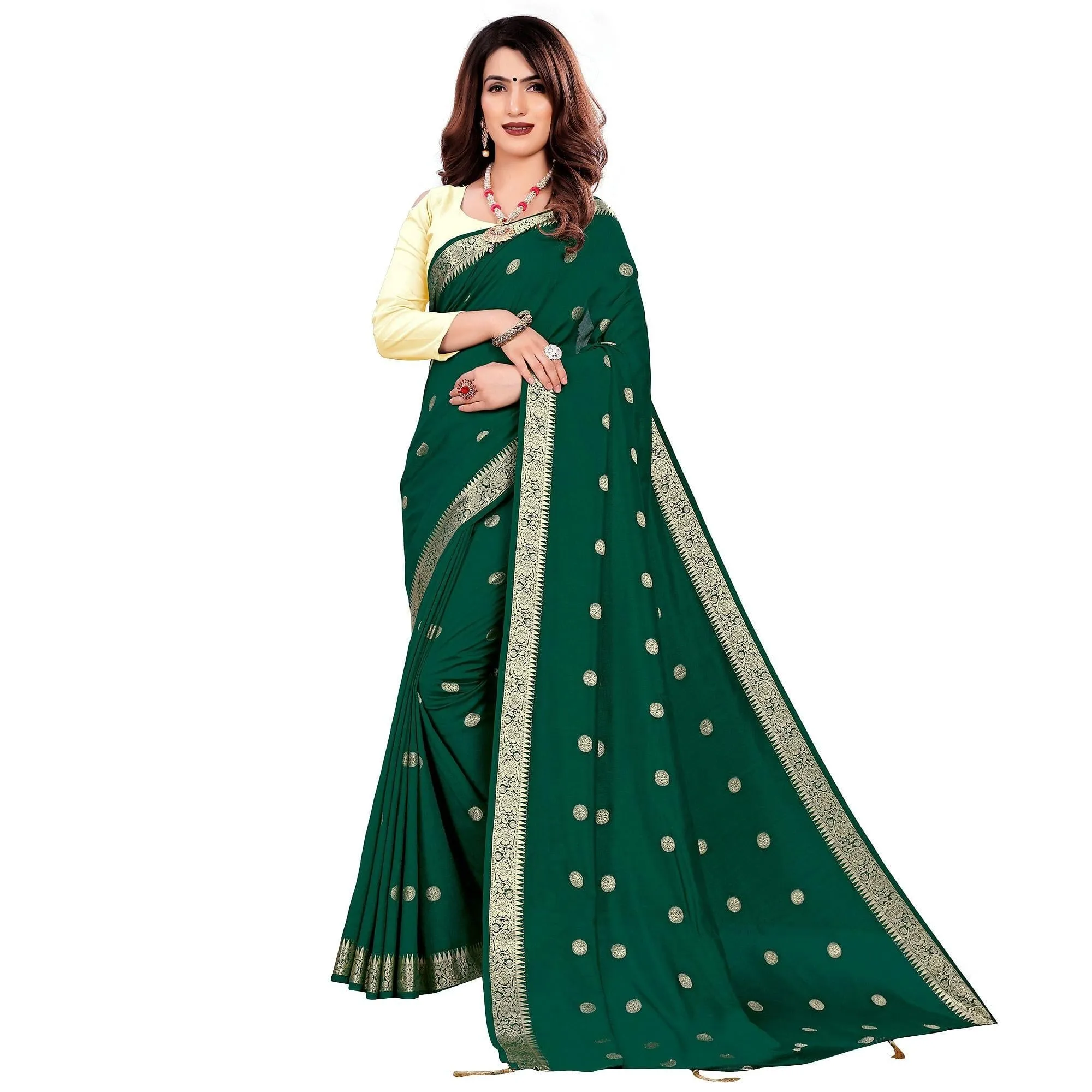 Attractive Green Colored Casual Wear Embroidered Art Silk Saree With Tassels