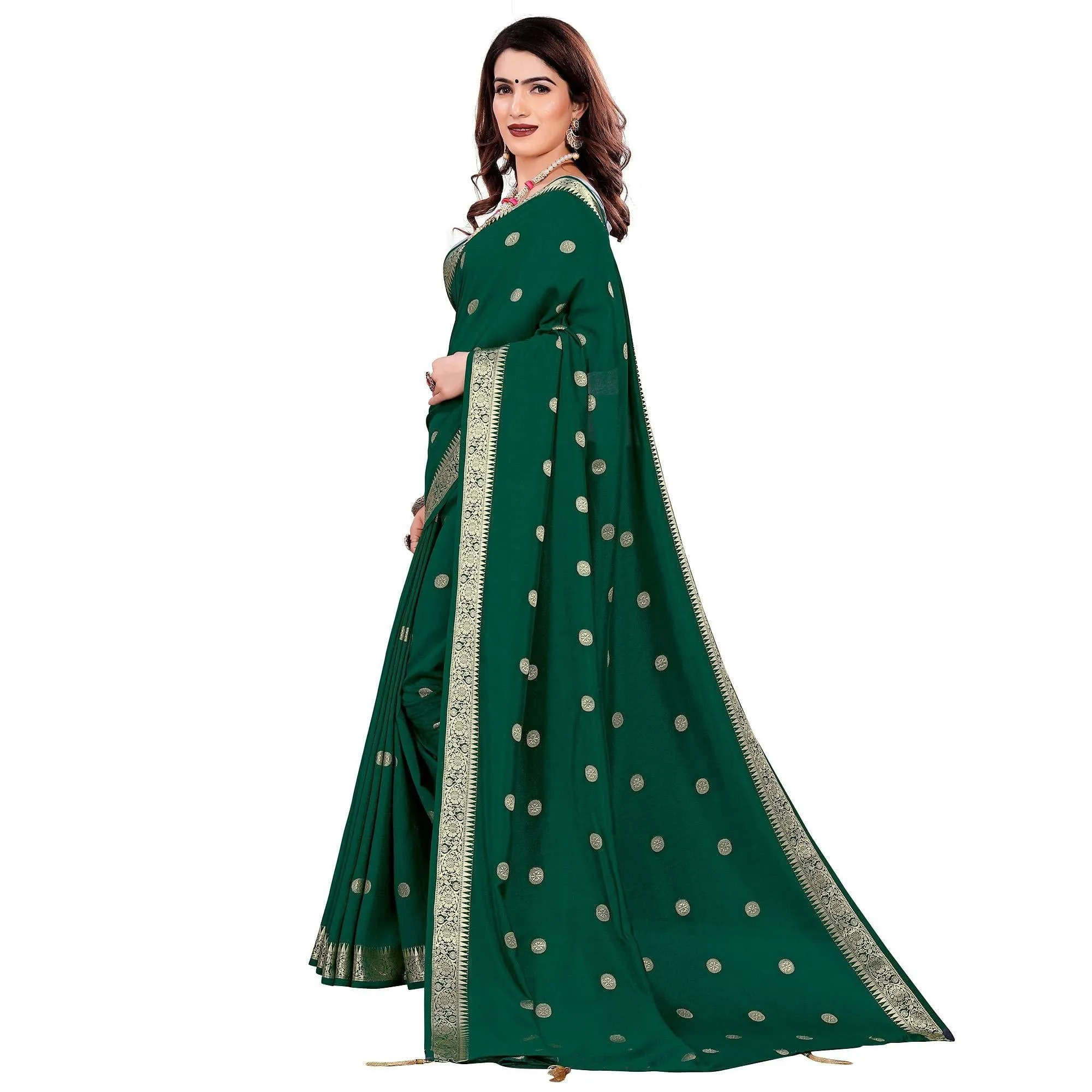 Attractive Green Colored Casual Wear Embroidered Art Silk Saree With Tassels