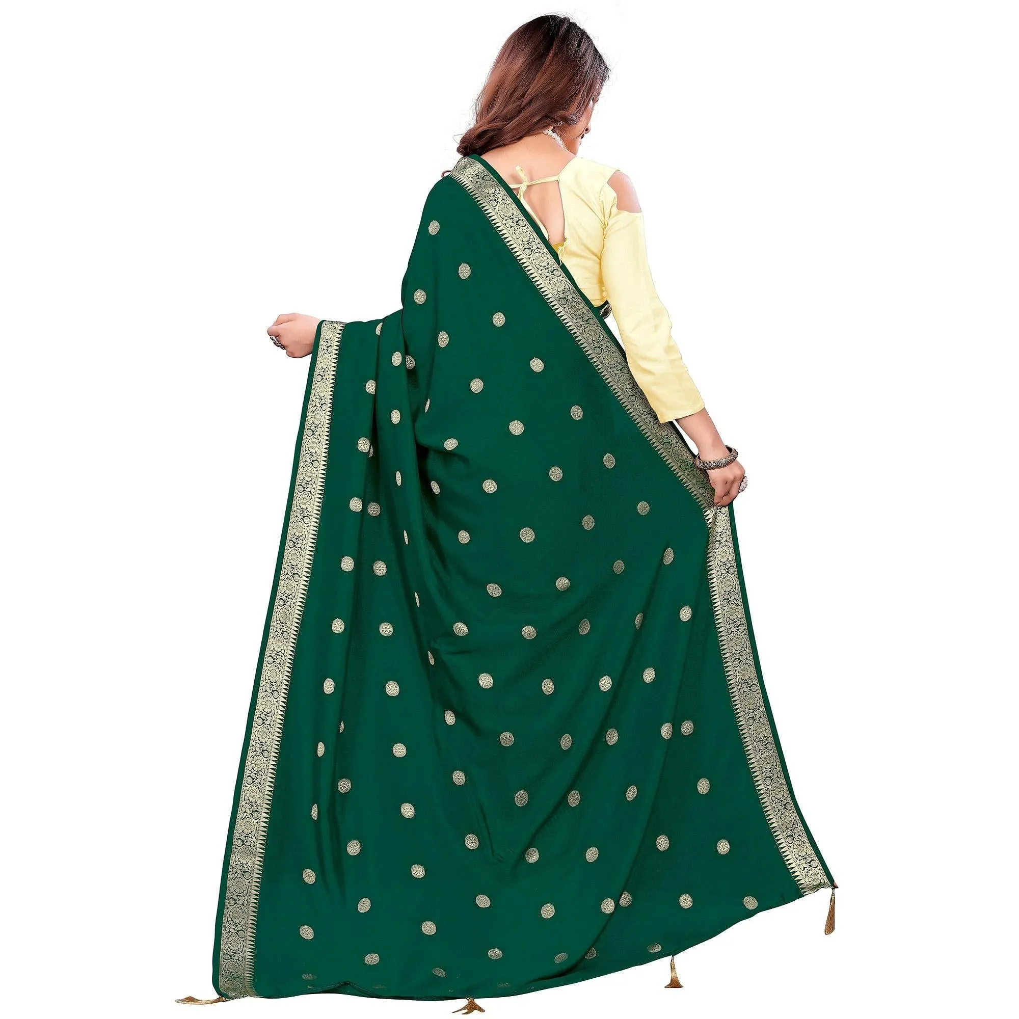 Attractive Green Colored Casual Wear Embroidered Art Silk Saree With Tassels