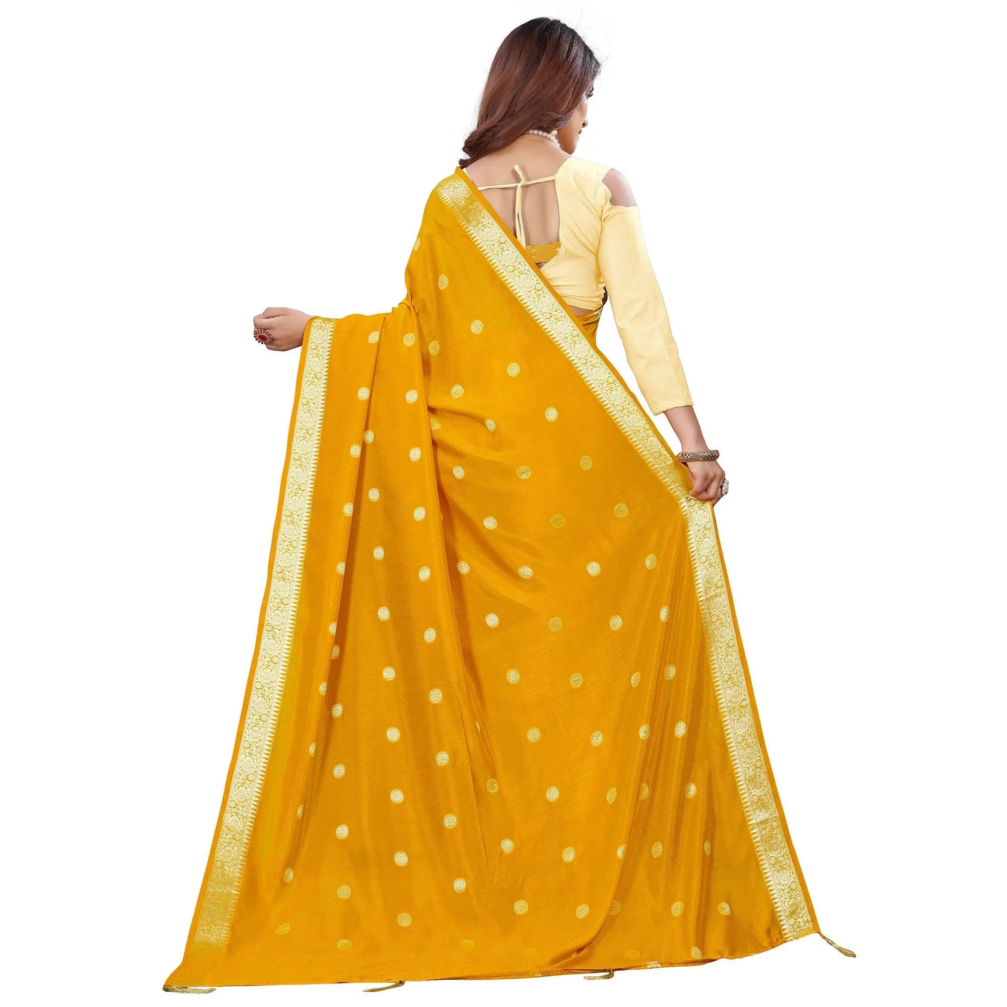 Beautiful Mustard Yellow Colored Casual Wear Embroidered Art Silk Saree With Tassels