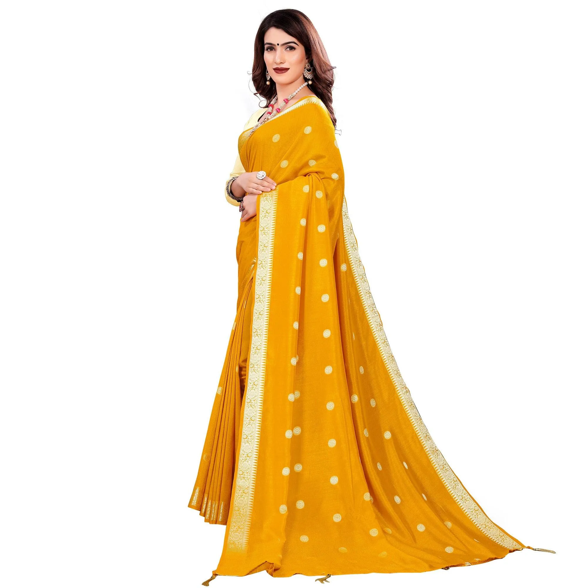 Beautiful Mustard Yellow Colored Casual Wear Embroidered Art Silk Saree With Tassels