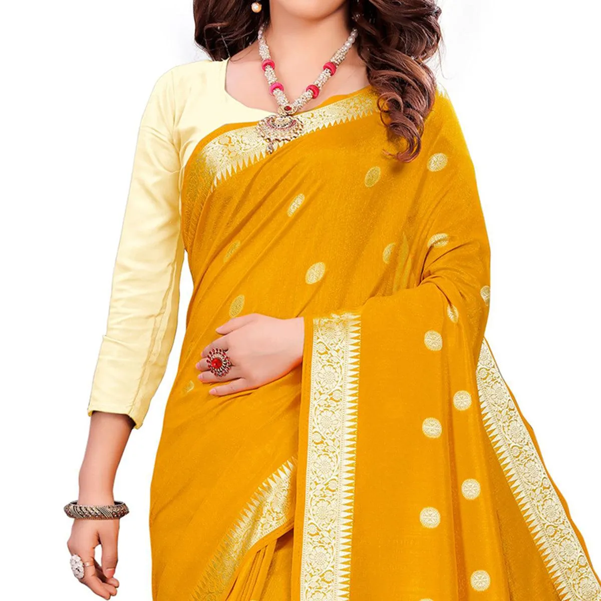 Beautiful Mustard Yellow Colored Casual Wear Embroidered Art Silk Saree With Tassels