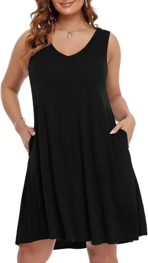 BELAROI Women Casual Summer Beach Dresses Plus Size Sundress V Neck Pockets Swing Tank Dress Cover Ups