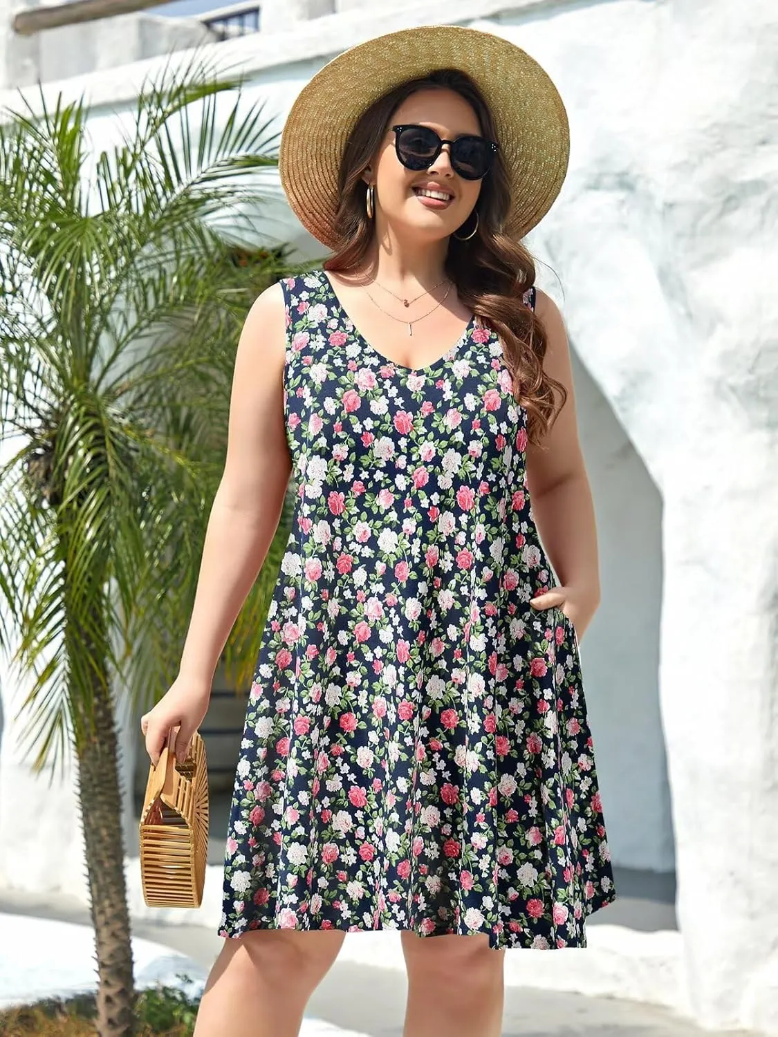 BELAROI Women Casual Summer Beach Dresses Plus Size Sundress V Neck Pockets Swing Tank Dress Cover Ups