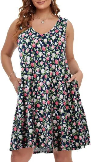 BELAROI Women Casual Summer Beach Dresses Plus Size Sundress V Neck Pockets Swing Tank Dress Cover Ups