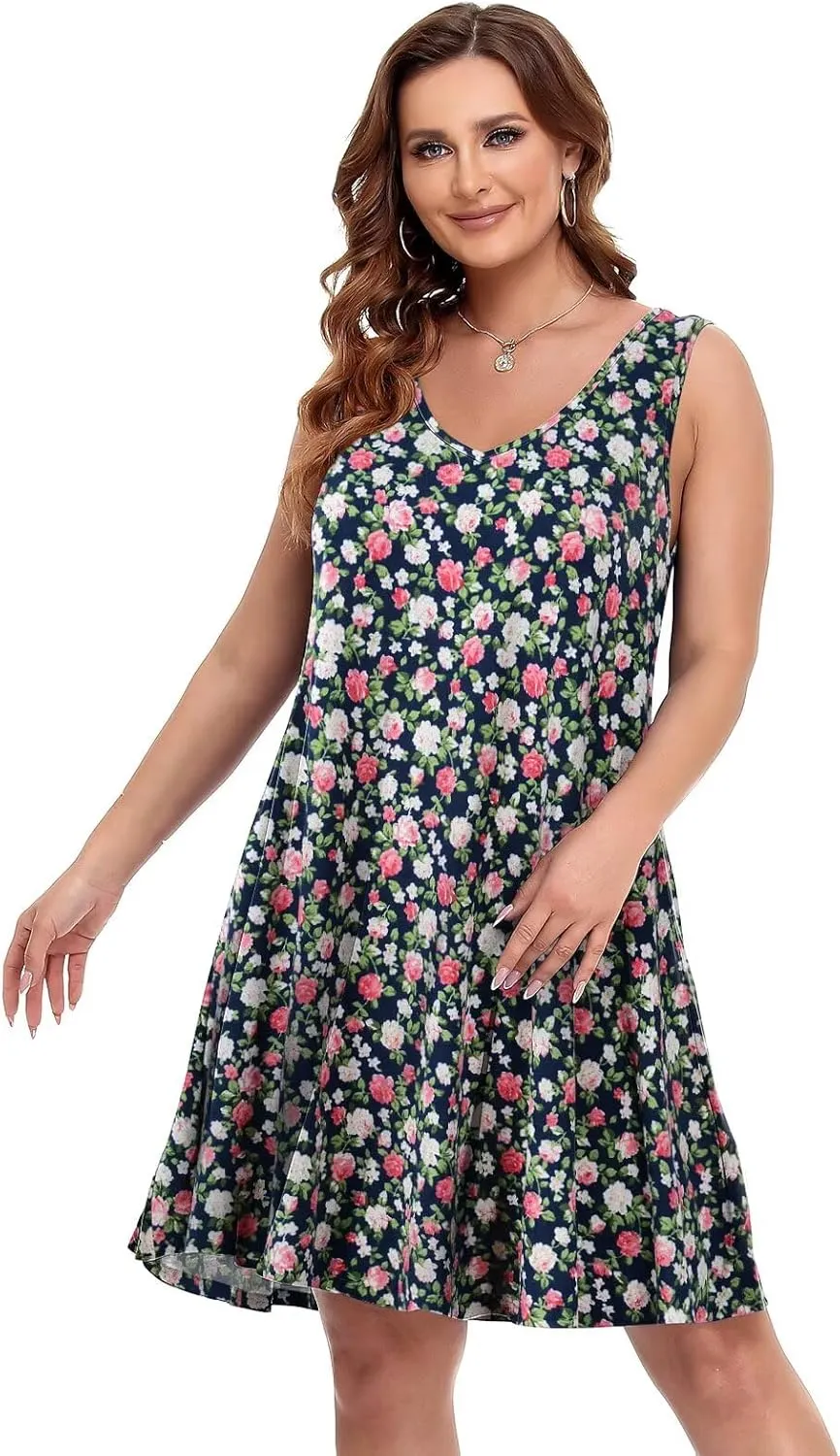 BELAROI Women Casual Summer Beach Dresses Plus Size Sundress V Neck Pockets Swing Tank Dress Cover Ups