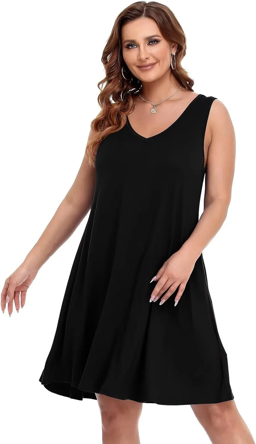 BELAROI Women Casual Summer Beach Dresses Plus Size Sundress V Neck Pockets Swing Tank Dress Cover Ups