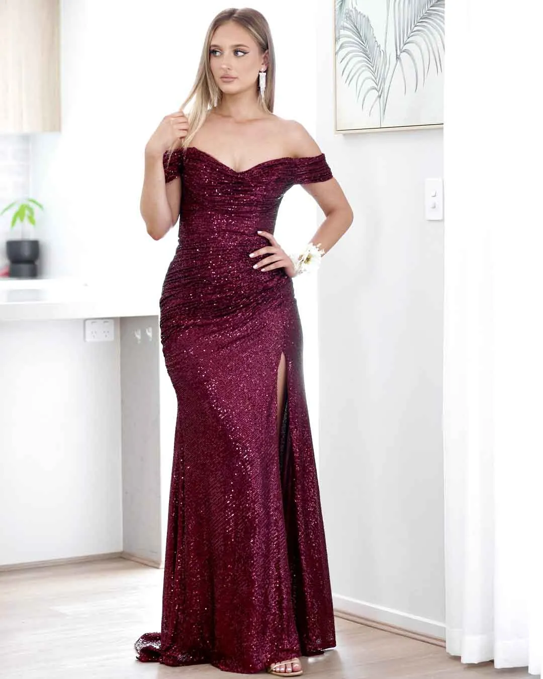 Bellatrix Off Shoulder Sequin Gown - Wine