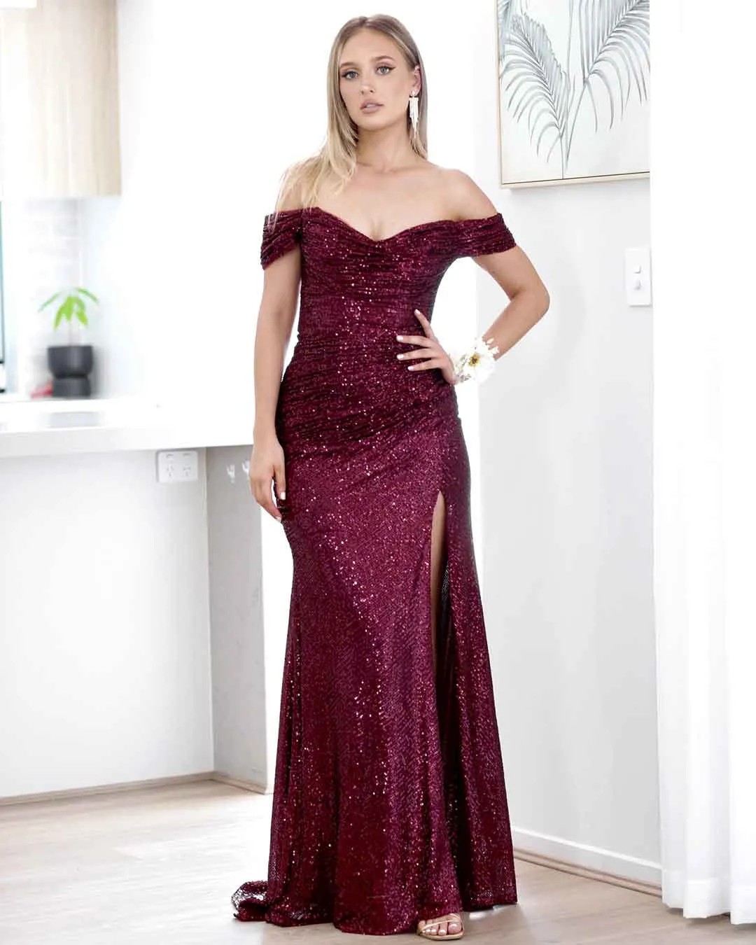 Bellatrix Off Shoulder Sequin Gown - Wine