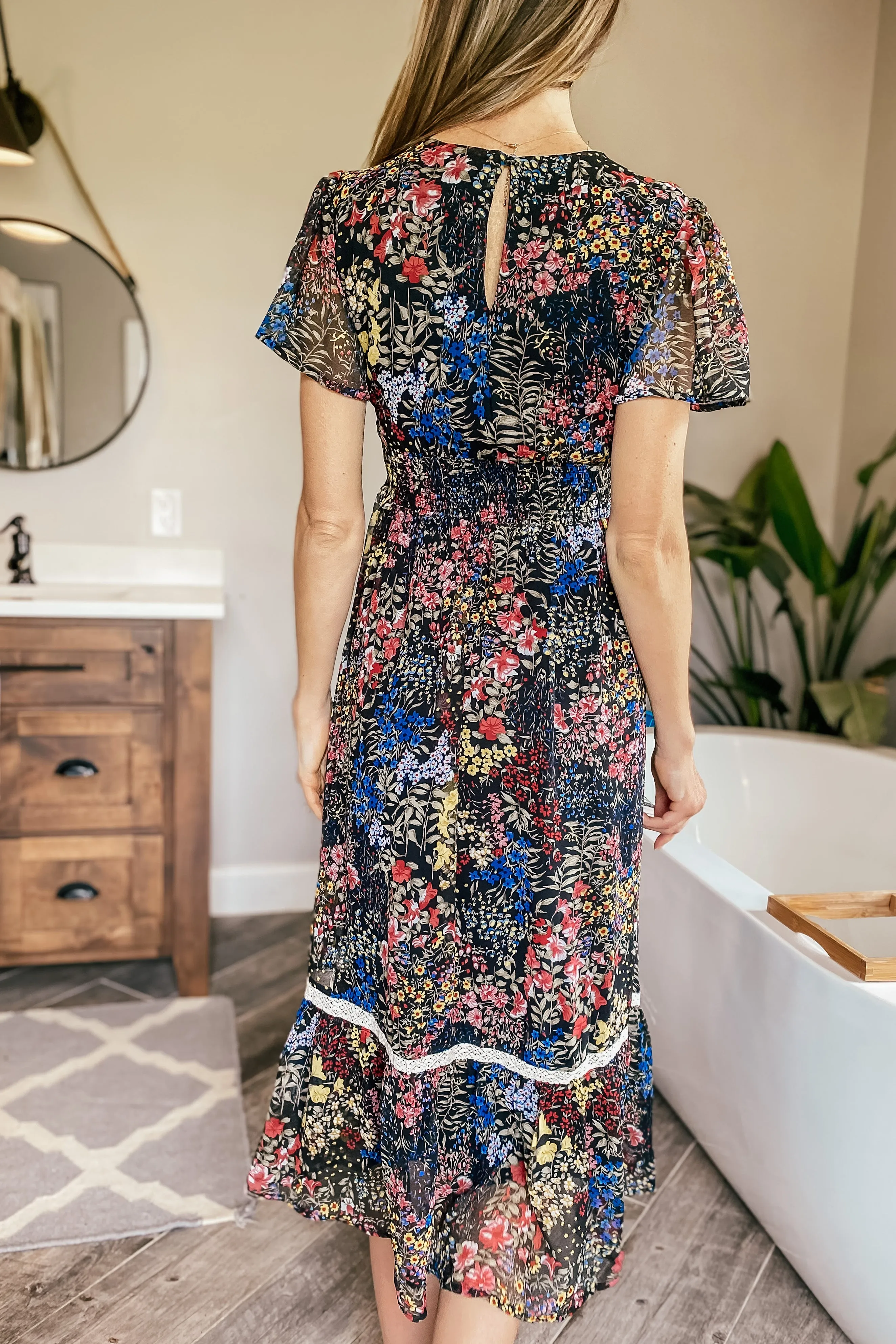 Black and Bright Floral Chiffon Midi Dress