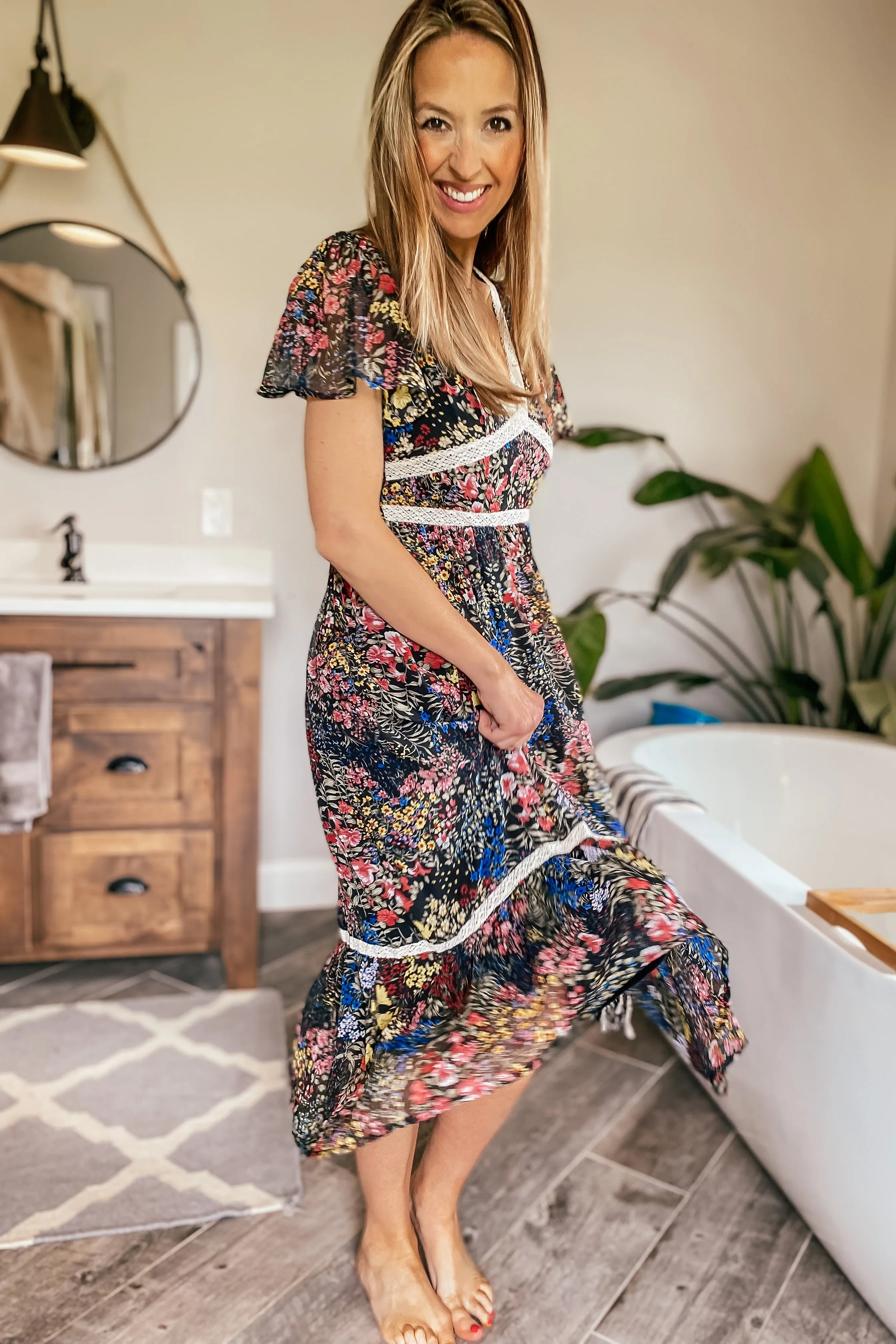 Black and Bright Floral Chiffon Midi Dress