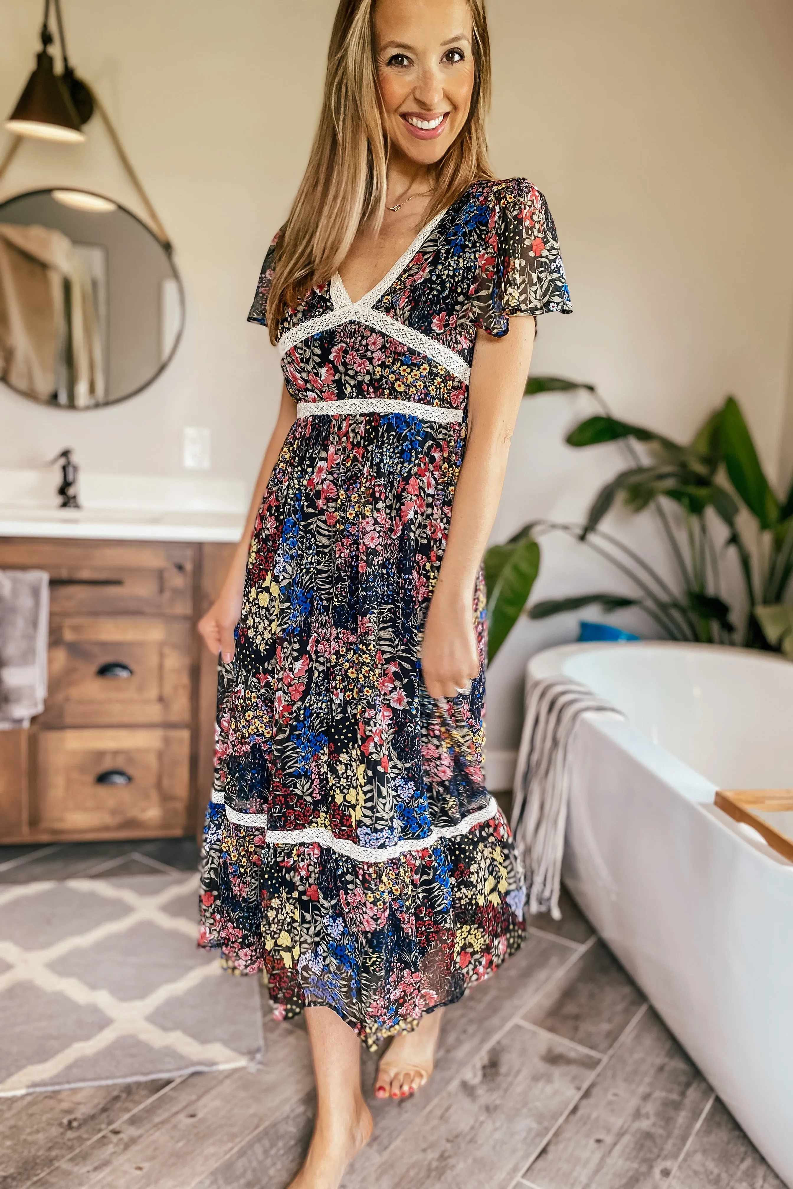 Black and Bright Floral Chiffon Midi Dress