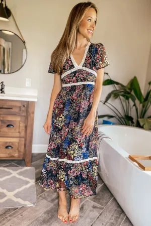 Black and Bright Floral Chiffon Midi Dress