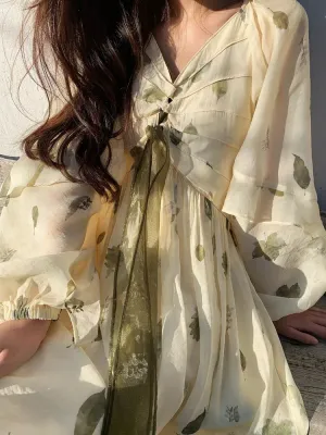 Bonnyshow  French Vintage Floral Fairy Dress Women Casual Elegant Beach Style Party Dress Chiffon One Piece Dress Korean Women Summer