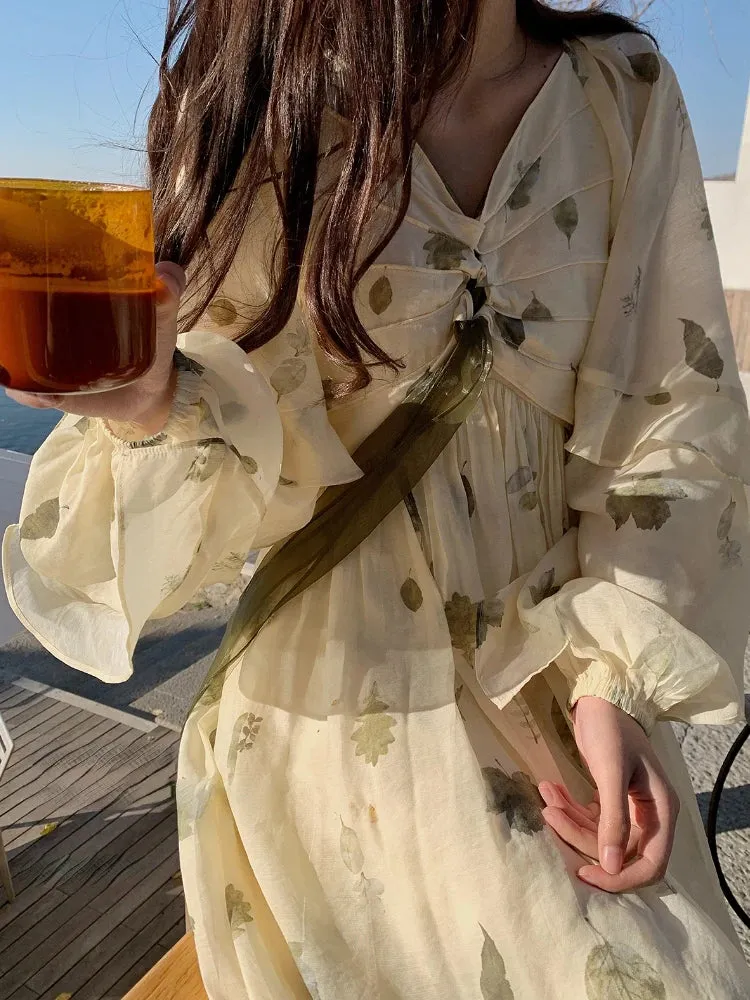 Bonnyshow  French Vintage Floral Fairy Dress Women Casual Elegant Beach Style Party Dress Chiffon One Piece Dress Korean Women Summer