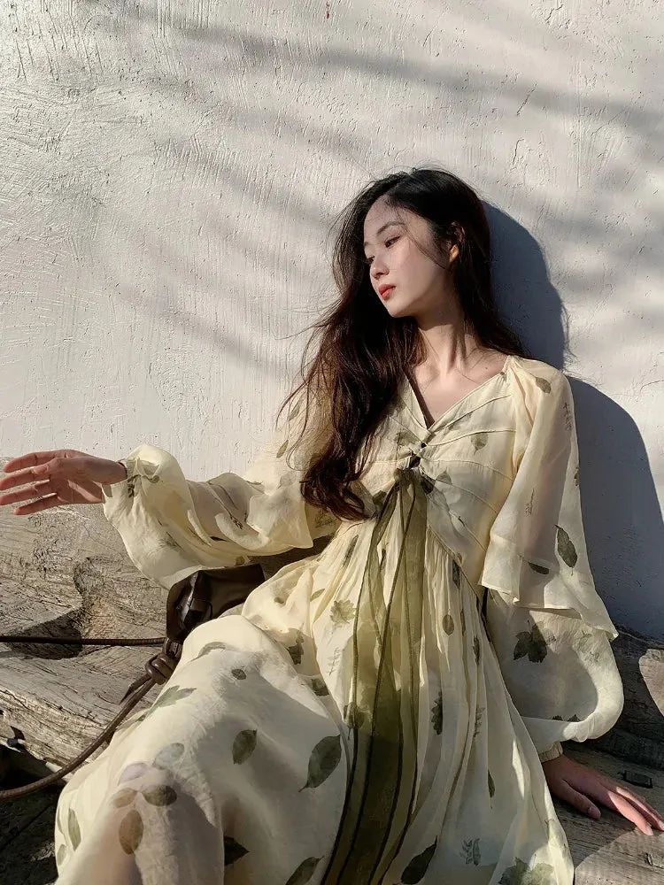 Bonnyshow  French Vintage Floral Fairy Dress Women Casual Elegant Beach Style Party Dress Chiffon One Piece Dress Korean Women Summer