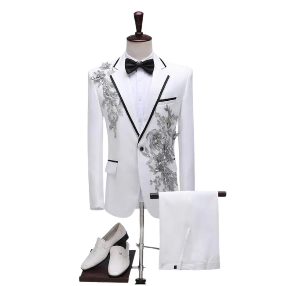 CGSUITS Men's Fashion Floral Applique White Black Blue Red Blazer Suit Jacket & Pants Suit Set