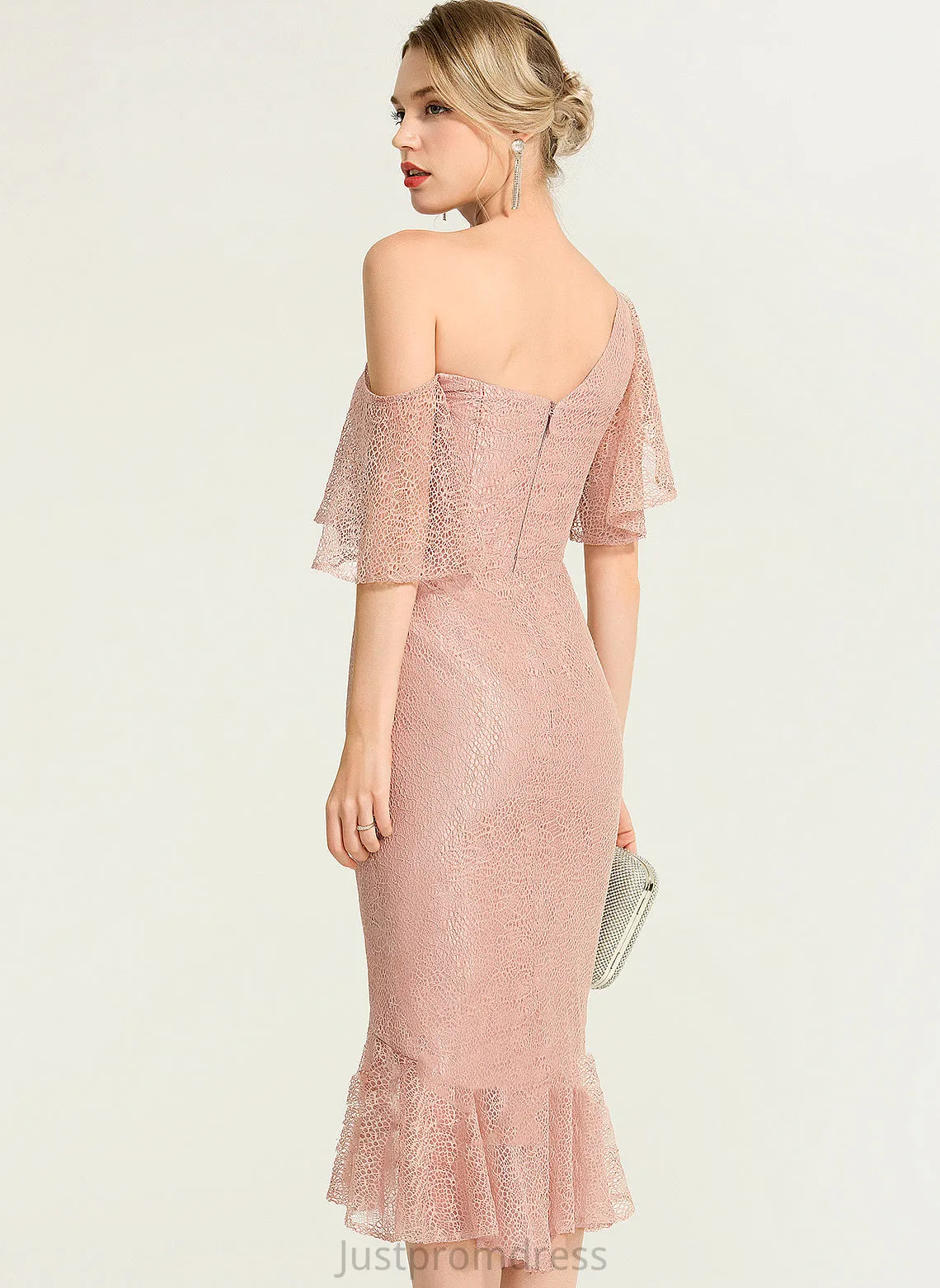 Cocktail Dresses Lace One-Shoulder Asymmetrical Cocktail Trumpet/Mermaid Dress Coral