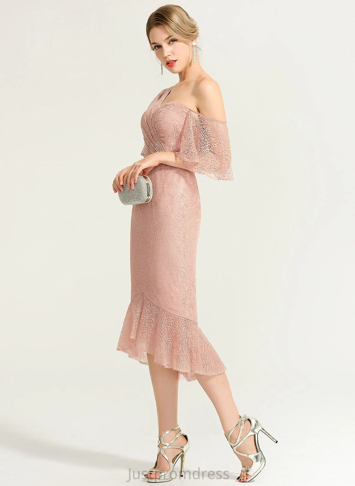 Cocktail Dresses Lace One-Shoulder Asymmetrical Cocktail Trumpet/Mermaid Dress Coral