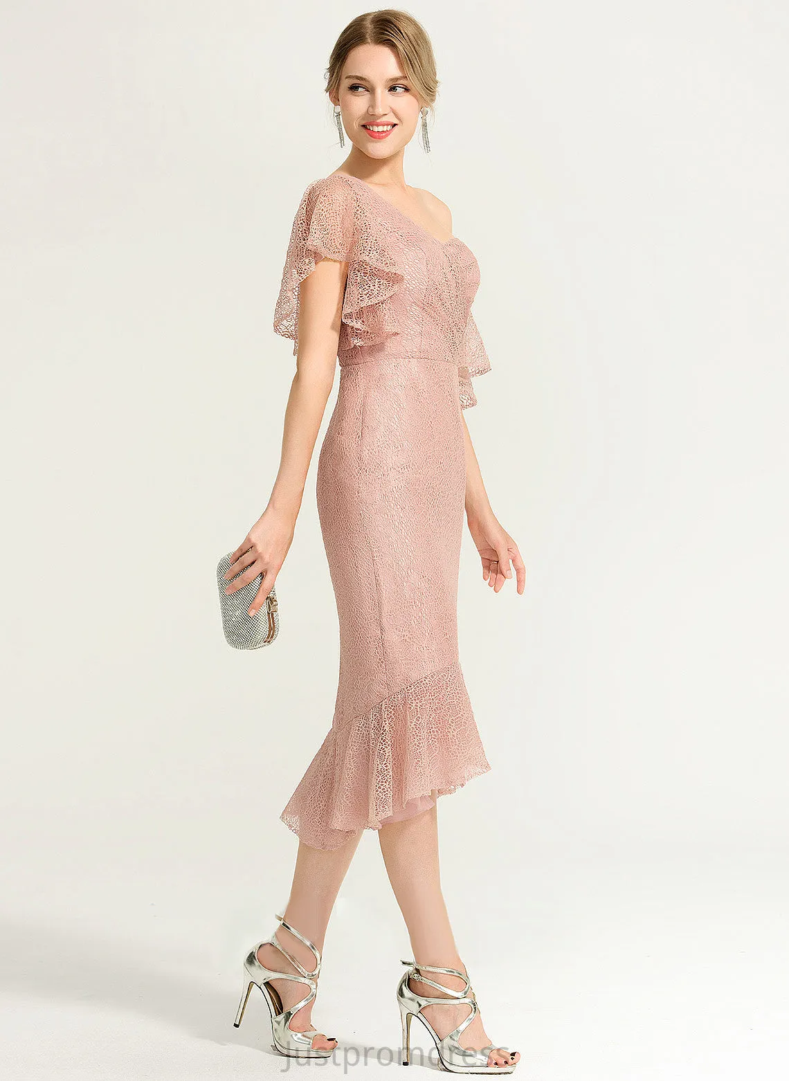 Cocktail Dresses Lace One-Shoulder Asymmetrical Cocktail Trumpet/Mermaid Dress Coral