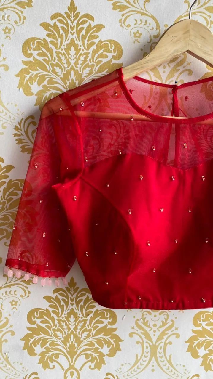 Deep red netted hand embroidery worked blouse