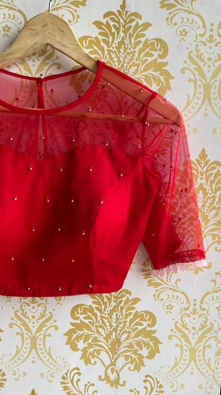 Deep red netted hand embroidery worked blouse