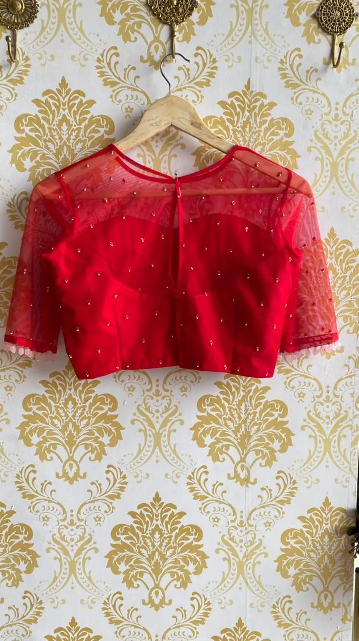 Deep red netted hand embroidery worked blouse