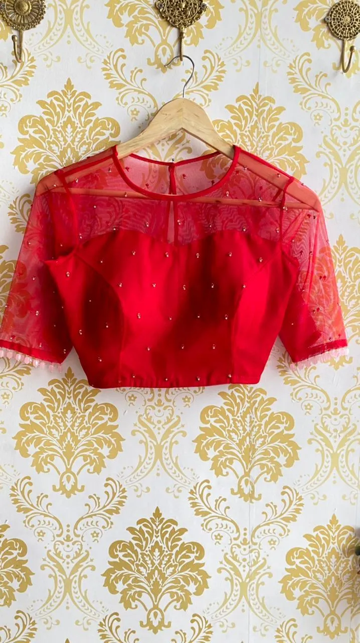 Deep red netted hand embroidery worked blouse