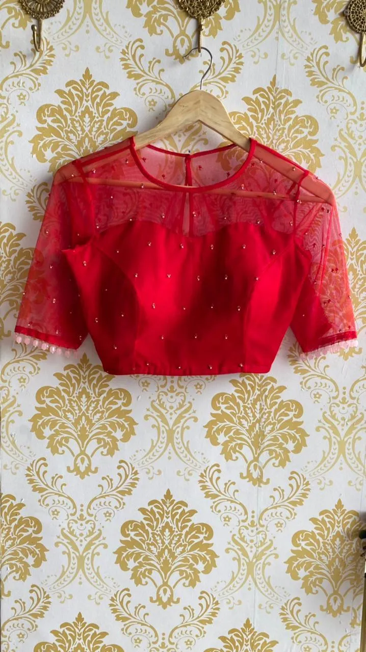 Deep red netted hand embroidery worked blouse
