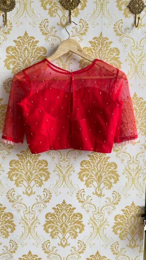 Deep red netted hand embroidery worked blouse
