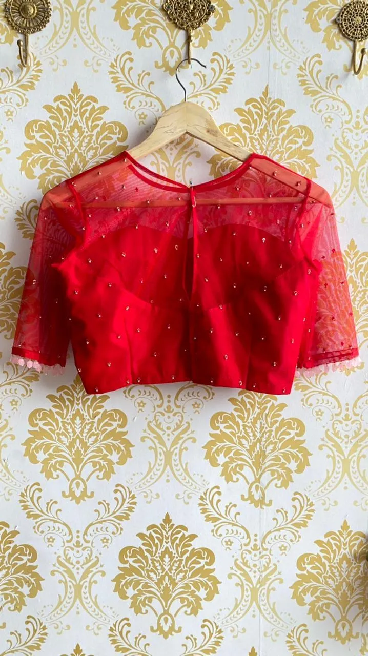 Deep red netted hand embroidery worked blouse