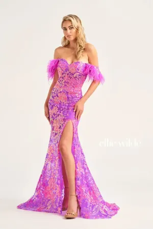 Ellie Wilde EW34034 Size 8 Purple Long Sheer Sequin Feather off the shoulder slit dress corset gown