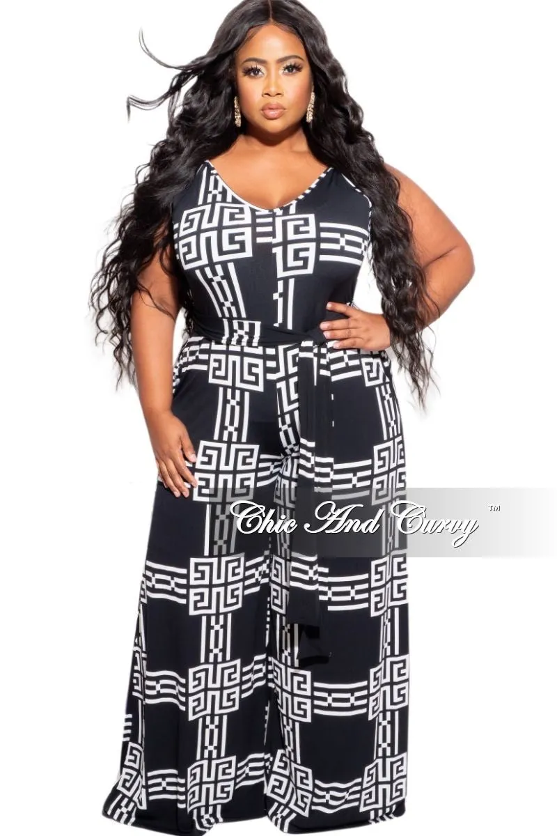 Final Sale Plus Size Spaghetti Strap Belted Jumpsuit in Black & White